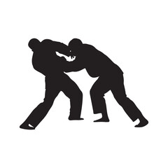 Silhouette of mix martial arts, Kungfu, boxing, karate, kick boxing, jujitsu, black silhouettes of people practicing judo. Shadows of the fighting men on a white background. Martial arts illustrations
