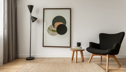 Ai Generate Minimalist composition of living room with design armchair, wooden stool, decoration, black mock up poster frame, book and personal accessories in modern home decor White wall 