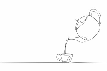 One line drawing of tea water poured from porcelain teapot into ceramic cup glass. Celebrating National Hot Tea Day event.  Idea for poster and banner