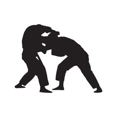 Silhouette of mix martial arts, Kungfu, boxing, karate, kick boxing, jujitsu, black silhouettes of people practicing judo. Shadows of the fighting men on a white background. Martial arts illustrations