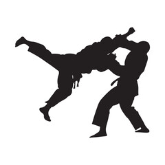 Silhouette of mix martial arts, Kungfu, boxing, karate, kick boxing, jujitsu, black silhouettes of people practicing judo. Shadows of the fighting men on a white background. Martial arts illustrations