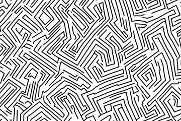 Intricate black and white maze pattern with winding lines, creating an abstract geometric background. Ideal for design projects, textures, and visual concepts.