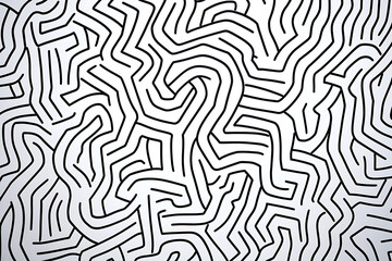 Intricate black and white maze pattern with winding lines, creating an abstract geometric background. Ideal for design projects, textures, and visual concepts.