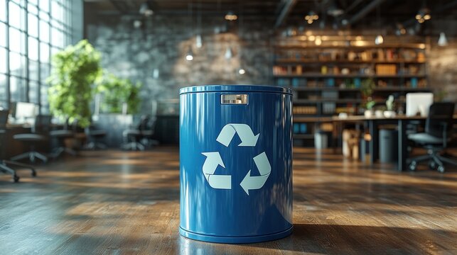 Blue recycling bin in a modern office setting promoting sustainability.