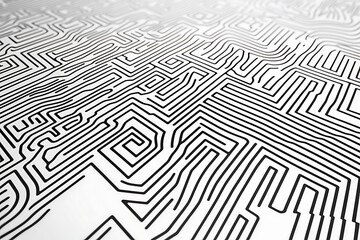 Intricate black and white maze pattern with winding lines, creating an abstract geometric background. Ideal for design projects, textures, and visual concepts.