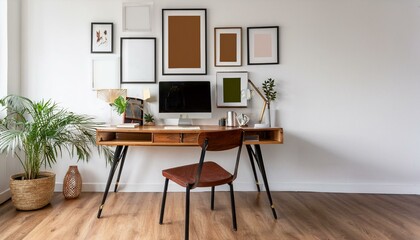 Ai Generate Stylish scandinavian home office desk with mock up poster frames, a lot of plants and office accessories Brown wooden parquet and white backgrounds wall Modern composition of homeoffice 