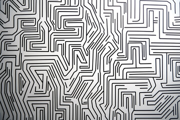 Intricate black and white maze pattern with winding lines, creating an abstract geometric background. Ideal for design projects, textures, and visual concepts.
