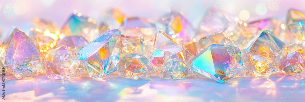 Poster sparkling colorful crystals shimmering under soft light in a serene and enchanting setting