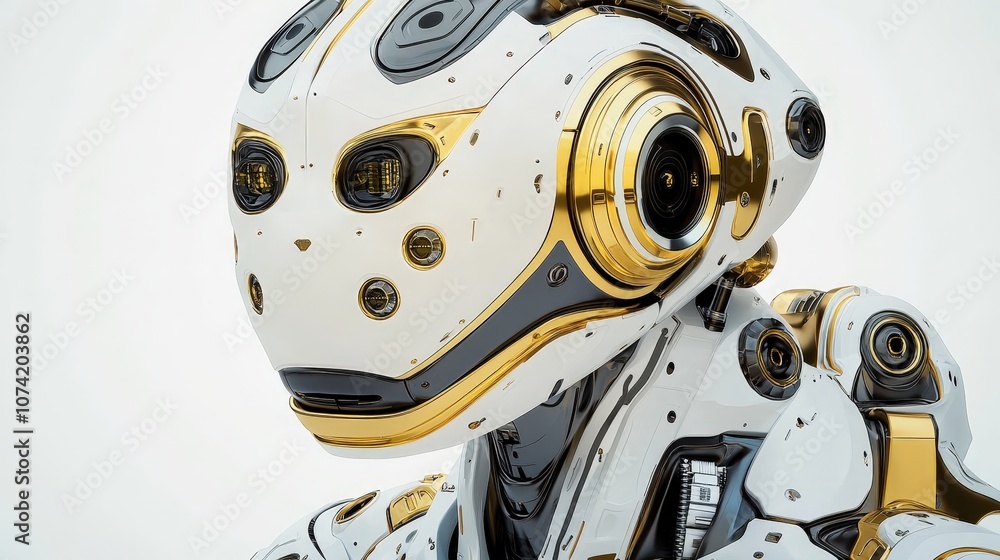 Poster futuristic humanoid robot with sleek design and intricate detailing showcasing a blend of technology