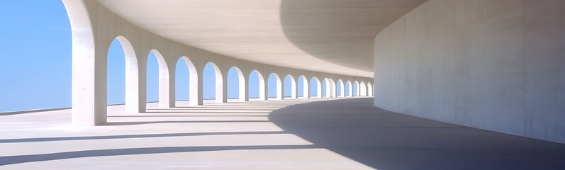 A serene architectural space featuring a curved white structure with arched openings, casting soft shadows under a clear blue sky.