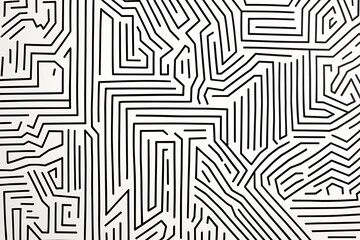 Intricate black and white maze pattern with winding lines, creating an abstract geometric background. Ideal for design projects, textures, and visual concepts.