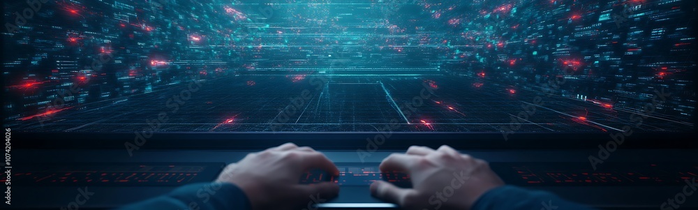 Poster A digital scene showcasing hands on a keyboard amidst a vibrant, data-filled environment, illustrating the theme of technology and information processing.