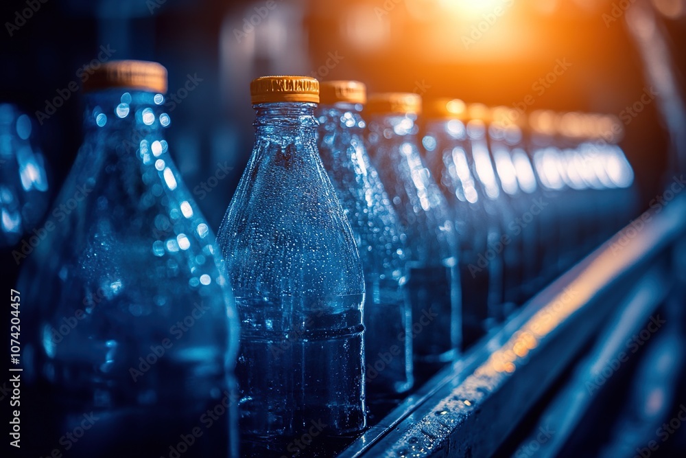 Poster row of empty glass bottles on a conveyor belt in a factory.