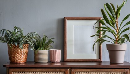Fototapeta premium Ai Generate Stylish and cozy scandinavian interior with design retro table, brown mock up photo frame and beautiful plants in design pots Modern home decor Gray background wall Minimalistic concept