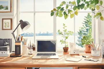 Fototapeta premium Embracing Remote Work: Watercolor Illustration of Family Teleworking Surrounded by Nature