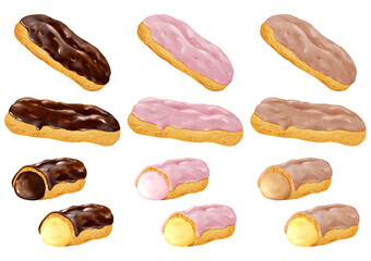 ベクター   エクレア　バラエティ　チョコレート　苺　モカ　カスタード　クリーム