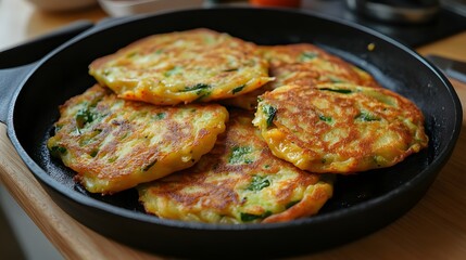 A serving of kimchi pancakes (kimchijeon), savory pancakes made with kimchi and flour, pan-fried until crispy.


