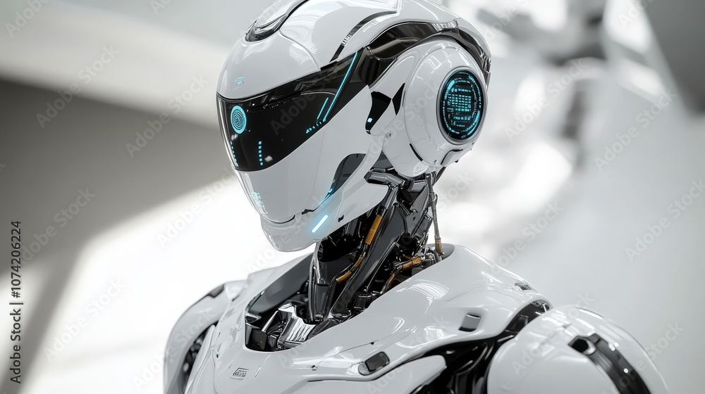 Poster futuristic humanoid robot with sleek design and advanced technology, featuring glowing blue accents 