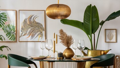 Ai Generate Stylish and modern dining room interior with design sharing table, chairs, gold pendant lamp, abstract paintings and elegant accessories Tropical leafs in vase Eclectic home decor