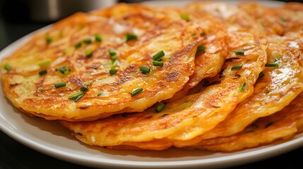 A serving of kimchi pancakes (kimchijeon), savory pancakes made with kimchi and flour, pan-fried until crispy.


