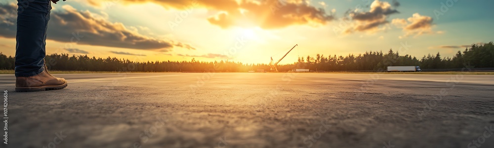 Poster a serene sunset scene with a silhouette of a person standing on a reflective surface, surrounded by 