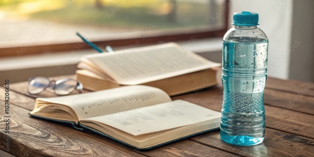 Poster daily routine a closeup of the water bottle next to a morning routine object such as a book or a bre