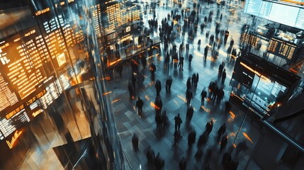 Overhead view of a stock exchange floor, financial screens, busy traders moving around, modern interior 