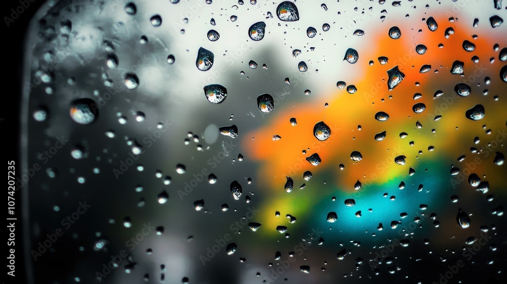 Poster rain drops on window glass with blurred colorful background creating a mood of reflection and sereni