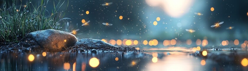 Fototapeta premium Serene Twilight - Fireflies Dance Around Peaceful Pond in Glowing Harmony