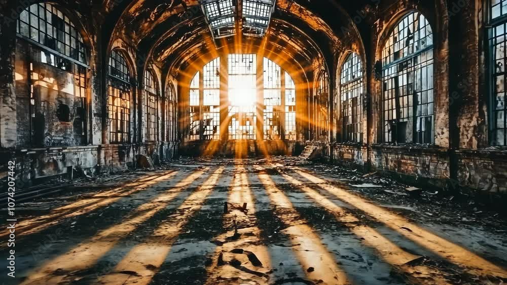 Poster sunlight streams through the broken windows of an abandoned building, casting long shadows across th