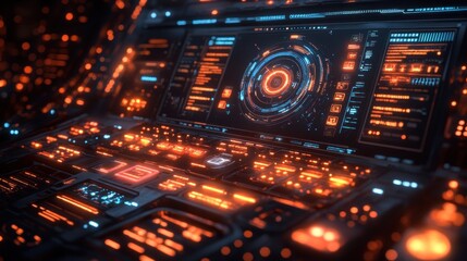 Obraz premium Futuristic control panel with glowing interfaces and data displays.