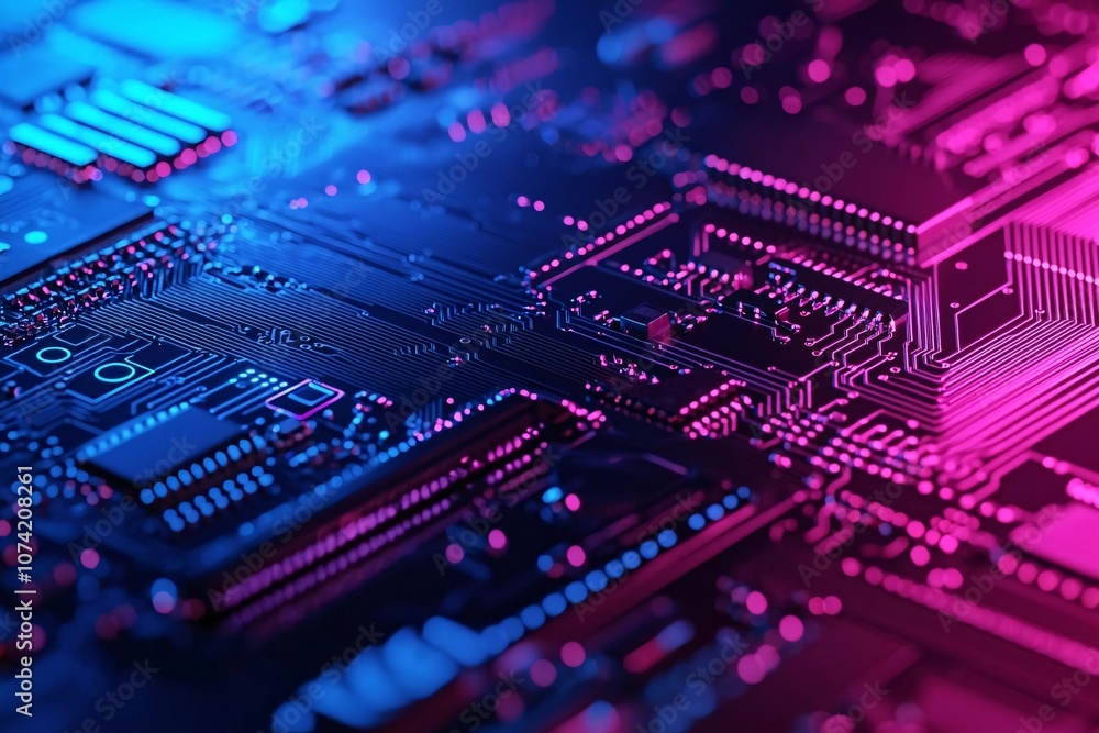 Poster vibrant close-up of a circuit board with intricate patterns and colorful neon lights.