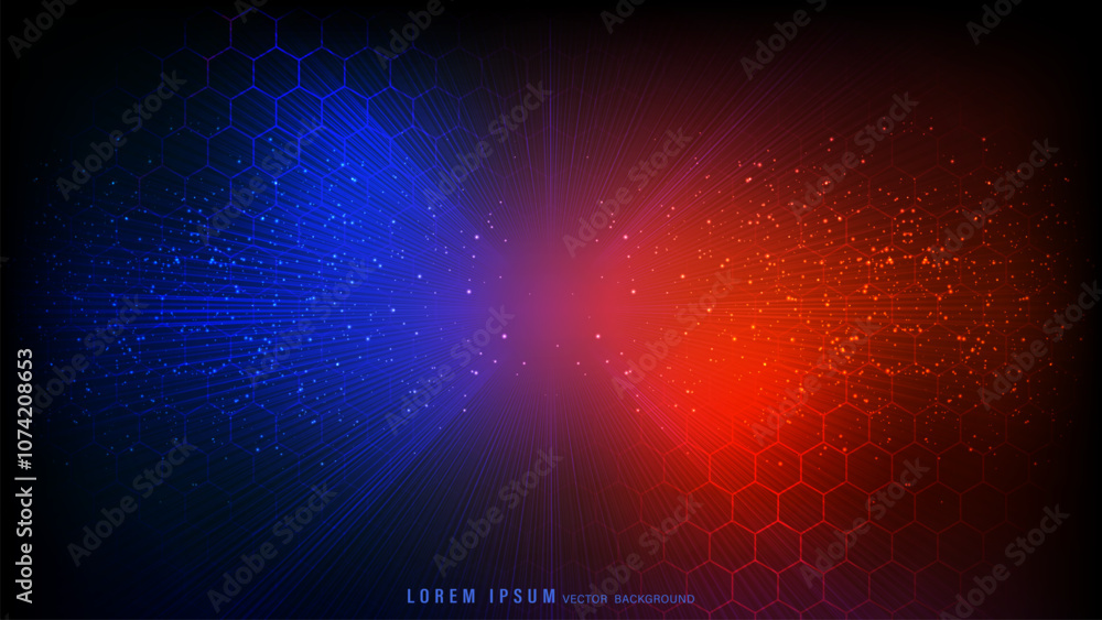 Wall mural dynamic red and blue abstract background with hexagonal grid overlay, radial light bursts