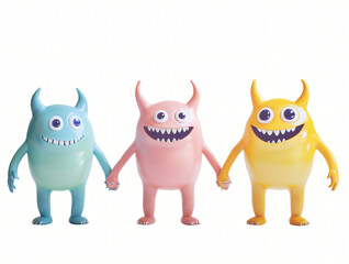 ​Three cute monster friends holding  on white background