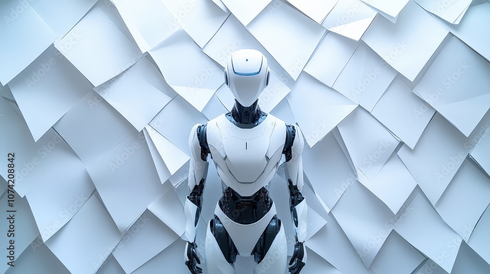Poster futuristic humanoid robot standing against a backdrop of abstract white sheets of paper, symbolizing