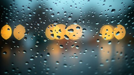 Naklejka premium Close-Up of Raindrops on Window Glass with Blurry Colorful Lights in Background, Creating a Dreamy and Atmospheric Mood on a Rainy Day