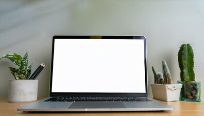 Fototapeta premium Ai Generate Modern and stylish desk with a cacti, design leafs, office accessories and laptop with white screen Space of creative worker