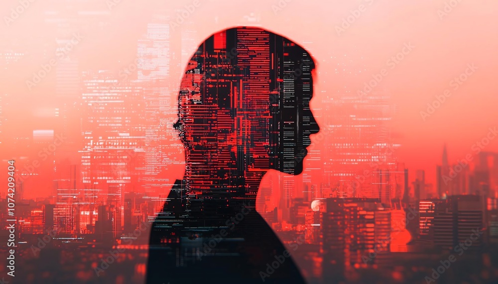 Poster a silhouette of a person with a digital overlay symbolizing innovation and connection in a tech-driv