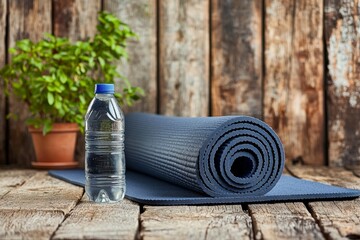 Fototapeta premium Yoga Mat and Water Bottle Next to Towel on Table