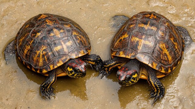 Closeup of Two Colorful Turtles Interacting in Mud