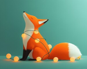 Obraz premium A vibrant orange fox adorned with glowing lights, sitting gracefully against a teal background, exuding a whimsical and festive atmosphere.