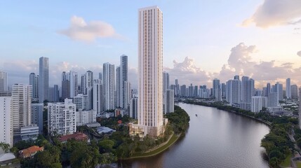 Obraz premium Modern Skyscraper Cityscape with River and Lush Greenery