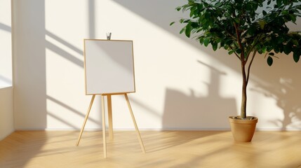 Fototapeta premium Blank Canvas on Easel Minimalist Studio Sunlit Room Interior Design