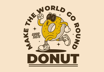 Obraz premium Donut, make the world go round. Retro mascot character of donut in running pose, light brown background