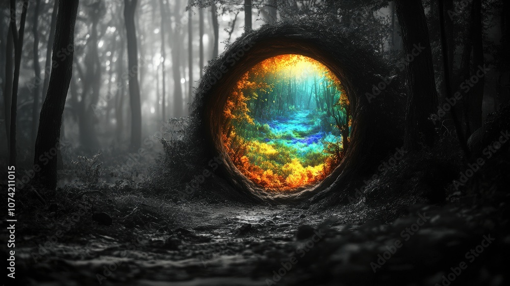 Poster enchanting portal to a vibrant underwater world surrounded by mysterious forests and soft mist in a 