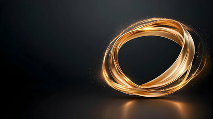 Gold ring frame on a black background. Metal circle border for awards. Luxury round shiny 3d banner