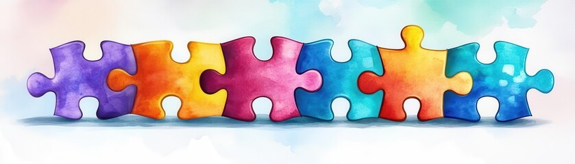 Fototapeta premium Business teamwork, interlocking puzzle pieces forming a solution, watercolor style