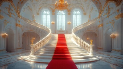 Elegant grand staircase with red carpet in a luxurious palace interior. (1)