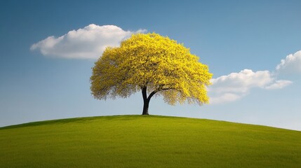 Solitary Yellow Tree on Green Hill Spring Landscape Nature Photography