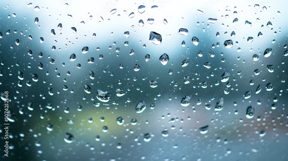 Poster raindrops on a window pane with a blurred background of trees and urban environment creating a moody